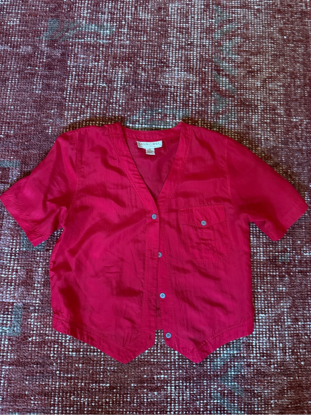 Vintage red 100% silk Short-Sleeve Button-Front Shirt